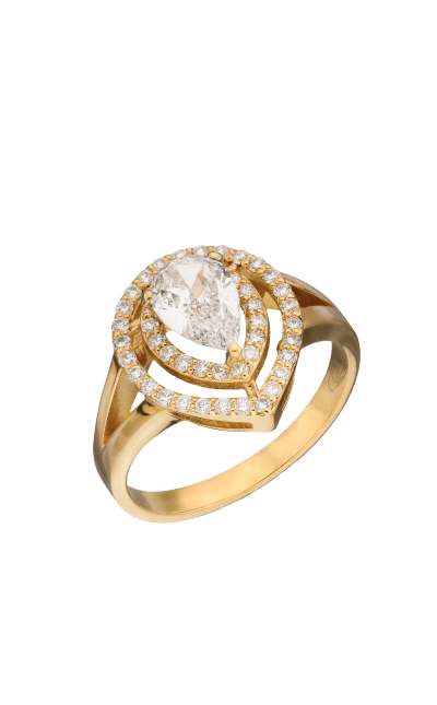 Halo-ring i gult guld med pæreslebet diamant