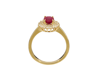 Halo-ring i gult guld med oval rubin og diamanter