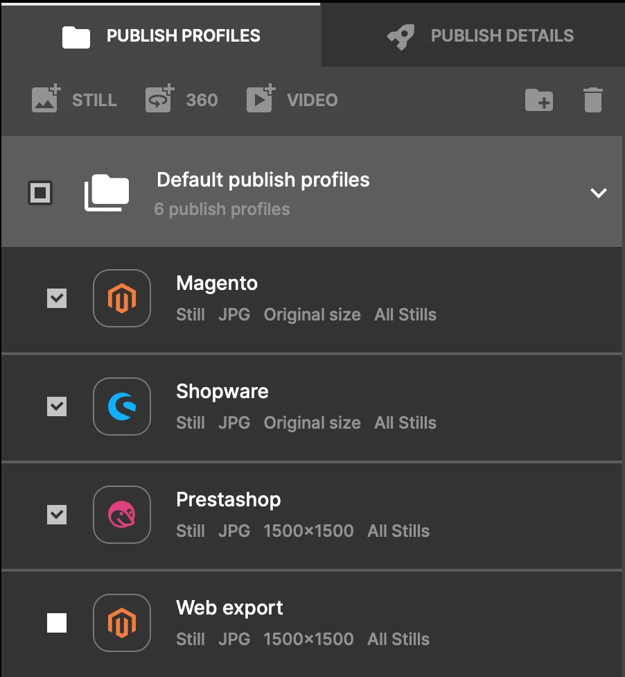 Publiceringsprofiler i Orbitvu Station til Magento, Shopware og PrestaShop