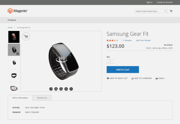 Produktside for Samsung Gear Fit med 360-visning i Magento