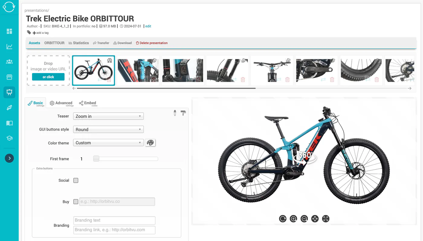 Editor til produktrundvisninger i Orbitvu Cloud med et 360° spin af en cykel