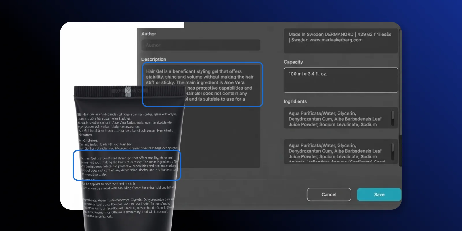 AI OCR udtrækker en produktbeskrivelse og kapacitet fra en produktetiket i Orbitvu Station