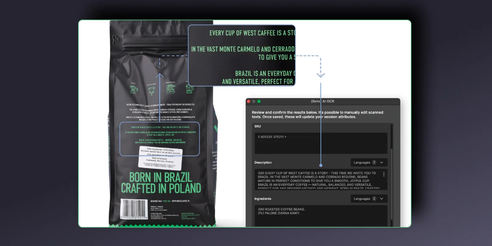 AI OCR i Orbitvu Station læser en SKU, en beskrivelse og ingredienser fra produktets emballage ind i sessionens attributter