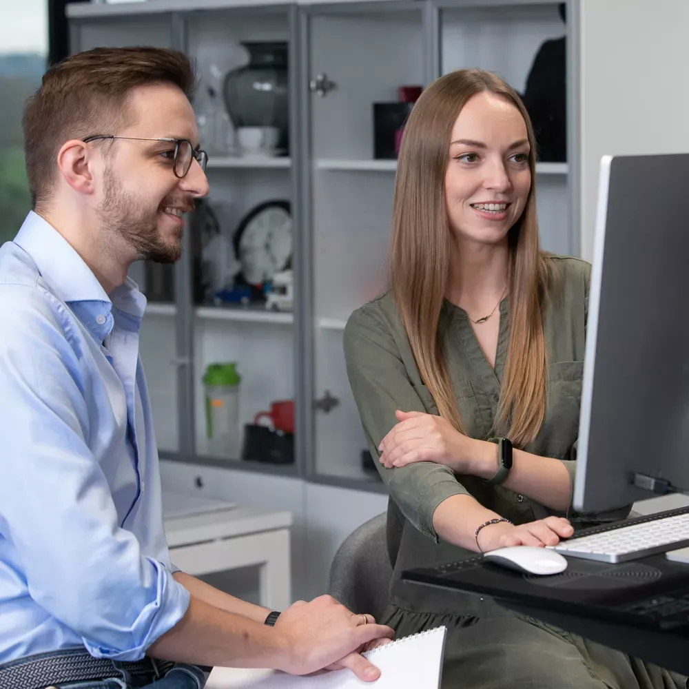 To kolleger samarbejder ved en computer